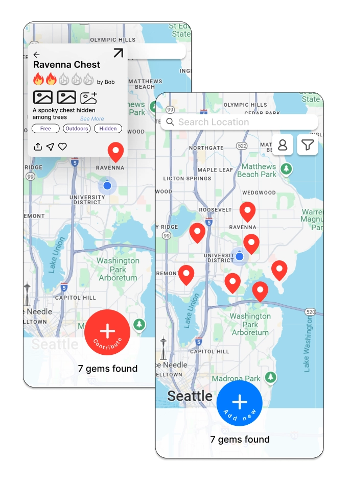 The main map page of Gem Hunter displaying various pinned hidden gems and user navigation options.